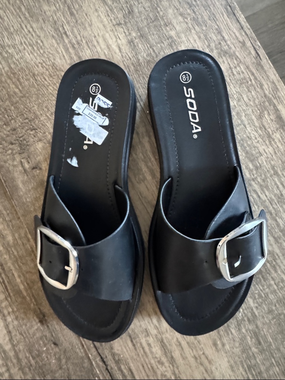 Soda Black Slide Sandals with Silver Buckle